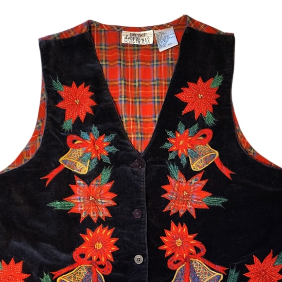 VTG Black Velvet Christmas Vest Plaid Poinsettia Bells Embroidered Holiday Top - Picture 2 of 13
